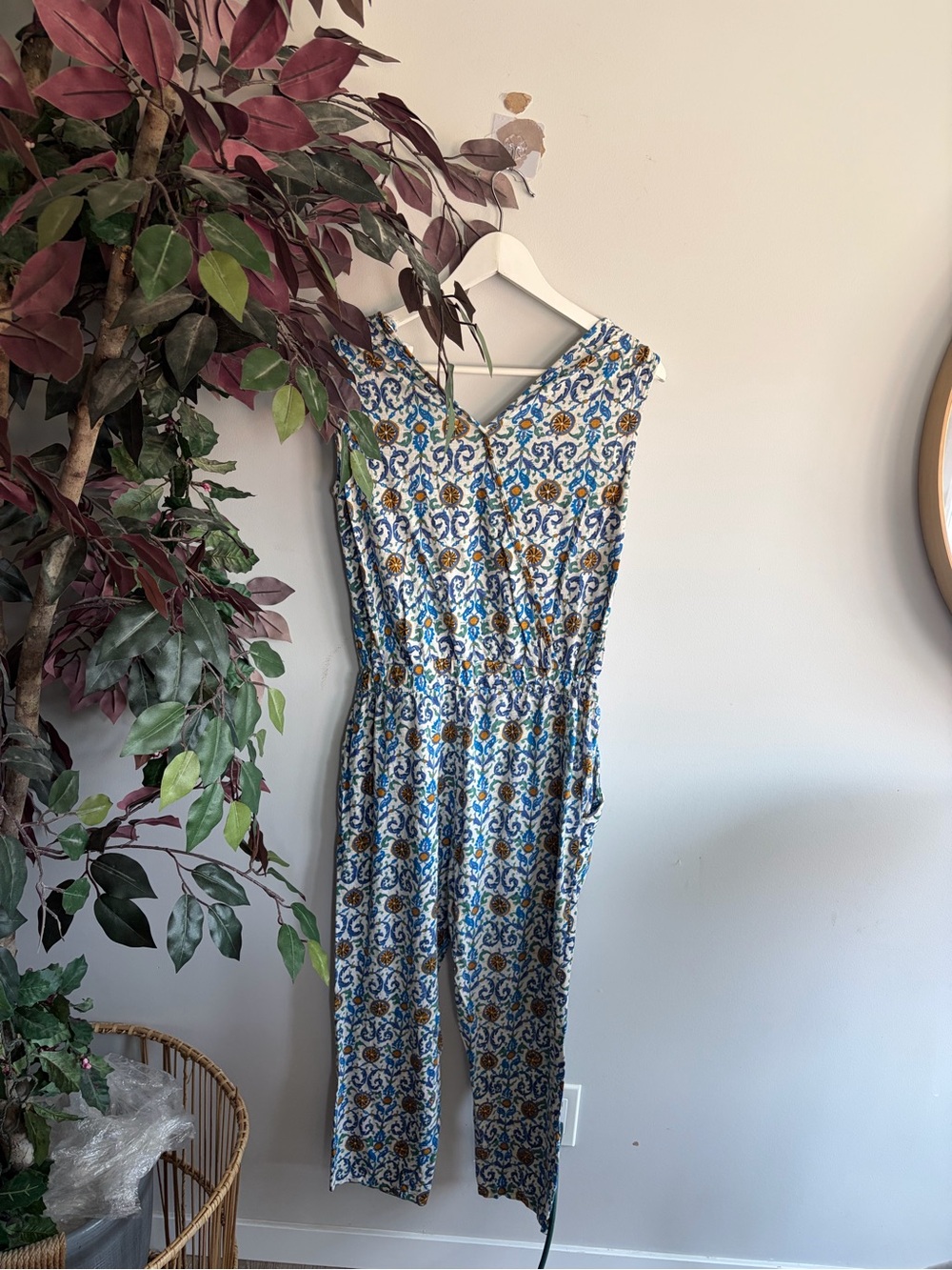 Thought Blue Floral Sleeveless Jumpsuit with Elastic Waist